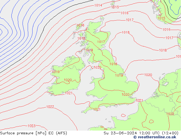 Atmosférický tlak EC (AIFS) Ne 23.06.2024 12 UTC