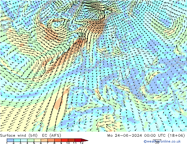 Viento 10 m (bft) EC (AIFS) lun 24.06.2024 00 UTC