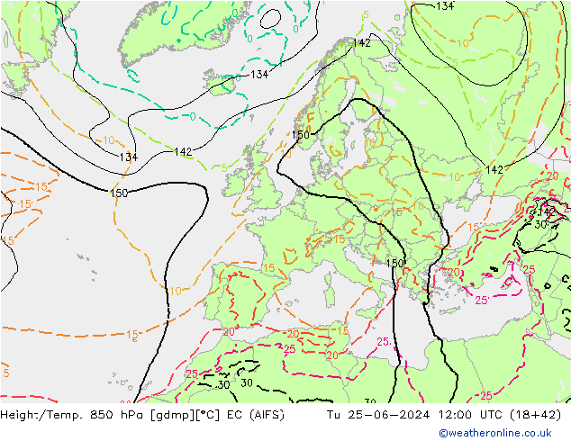 Height/Temp. 850 hPa EC (AIFS)  25.06.2024 12 UTC