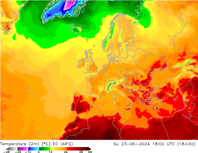 Temperaturkarte (2m) EC (AIFS) So 23.06.2024 18 UTC