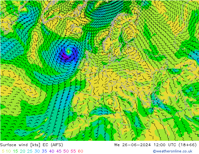 Surface wind EC (AIFS) We 26.06.2024 12 UTC