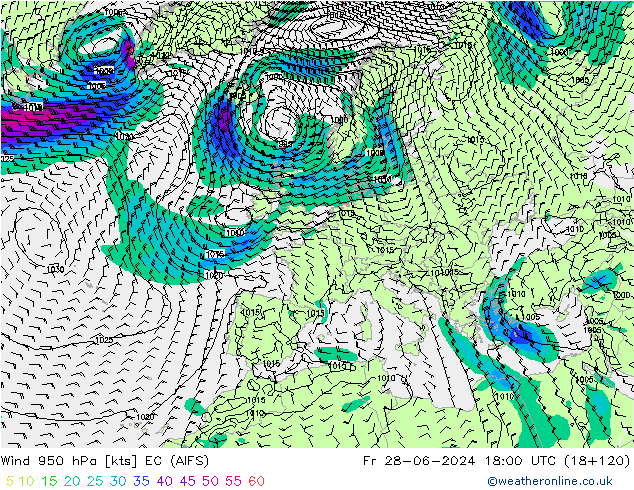 Wind 950 hPa EC (AIFS) Fr 28.06.2024 18 UTC