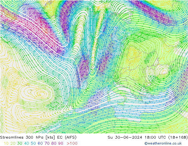 Streamlines 300 hPa EC (AIFS) Su 30.06.2024 18 UTC