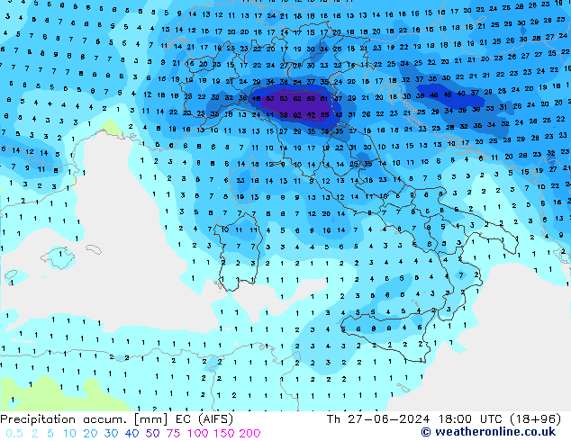 Precipitación acum. EC (AIFS) jue 27.06.2024 18 UTC