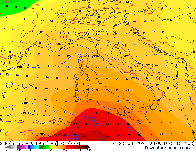 SLP/Temp. 850 hPa EC (AIFS)  28.06.2024 06 UTC