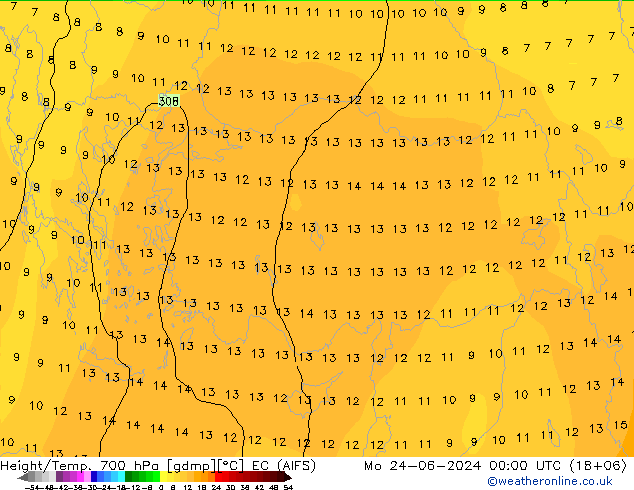 Géop./Temp. 700 hPa EC (AIFS) lun 24.06.2024 00 UTC