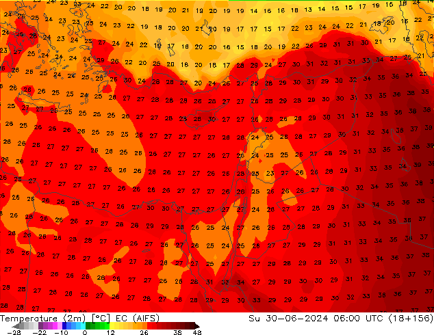 Sıcaklık Haritası (2m) EC (AIFS) Paz 30.06.2024 06 UTC