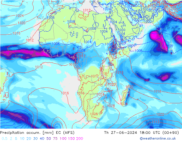 Precipitation accum. EC (AIFS) gio 27.06.2024 18 UTC