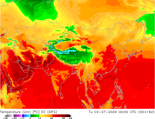 Temperatuurkaart (2m) EC (AIFS) di 02.07.2024 00 UTC