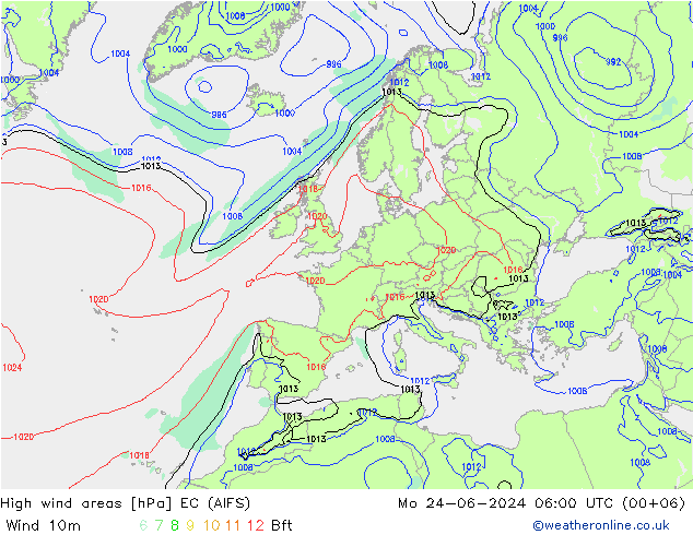 High wind areas EC (AIFS) lun 24.06.2024 06 UTC