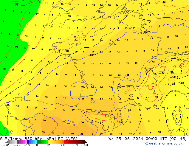 850 hPa Yer Bas./Sıc EC (AIFS) Çar 26.06.2024 00 UTC