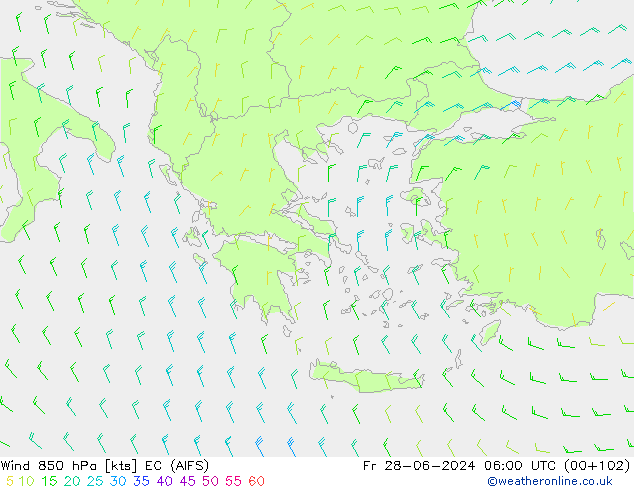 Wind 850 hPa EC (AIFS) vr 28.06.2024 06 UTC