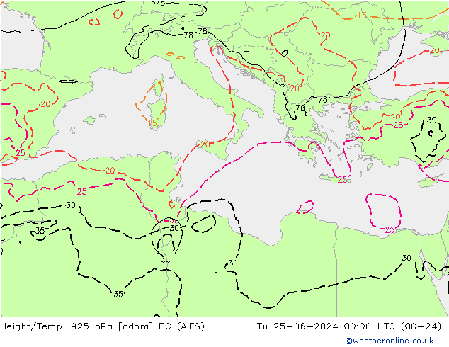 Height/Temp. 925 hPa EC (AIFS) Tu 25.06.2024 00 UTC