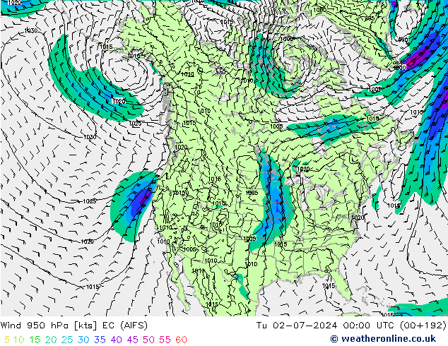 风 950 hPa EC (AIFS) 星期二 02.07.2024 00 UTC