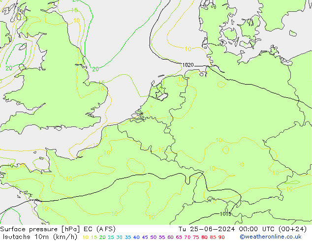 Isotachen (km/h) EC (AIFS) di 25.06.2024 00 UTC