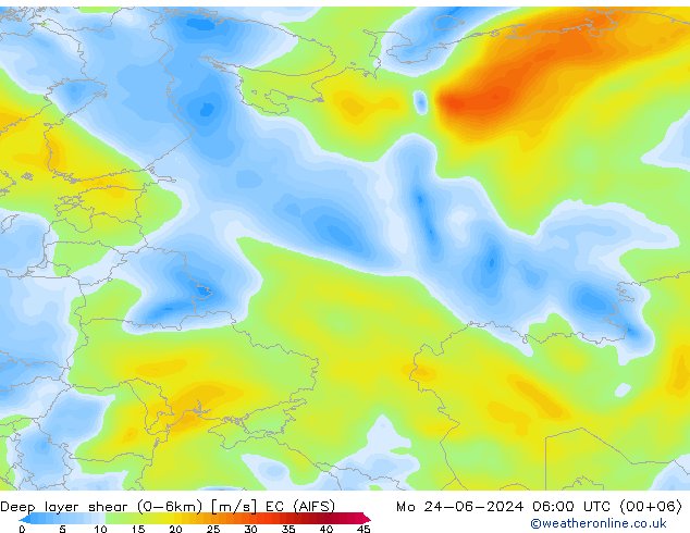 Deep layer shear (0-6km) EC (AIFS) пн 24.06.2024 06 UTC