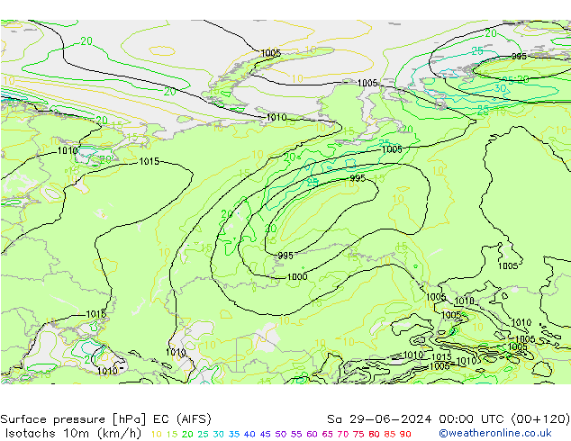 Isotachs (kph) EC (AIFS) Sa 29.06.2024 00 UTC