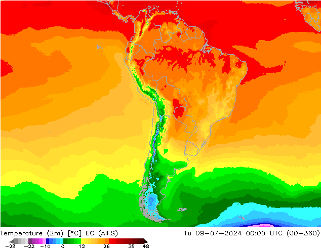 Temperatura (2m) EC (AIFS) Ter 09.07.2024 00 UTC