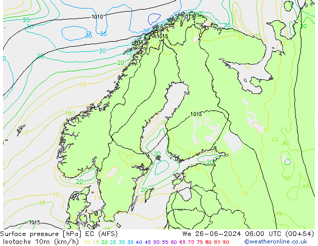Isotachen (km/h) EC (AIFS) wo 26.06.2024 06 UTC