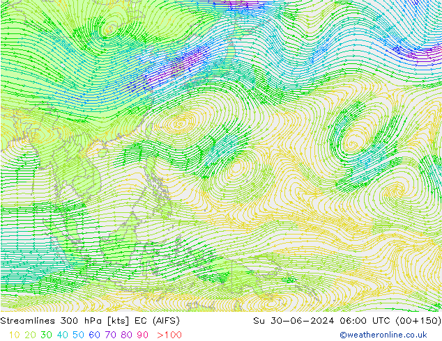 Linia prądu 300 hPa EC (AIFS) nie. 30.06.2024 06 UTC