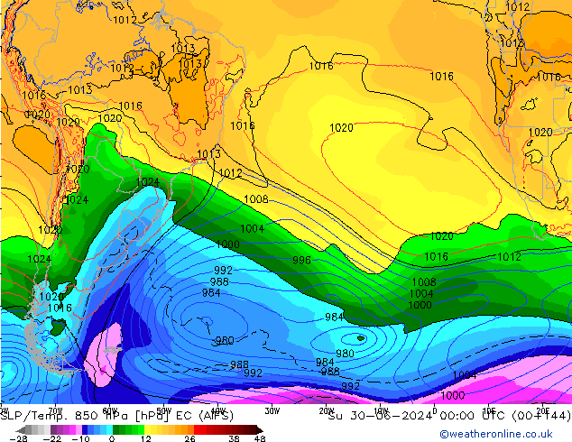 SLP/Temp. 850 гПа EC (AIFS) Вс 30.06.2024 00 UTC