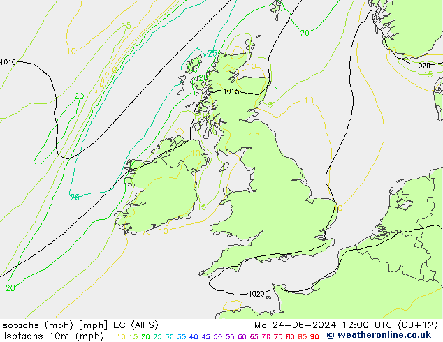 Isotachs (mph) EC (AIFS) Mo 24.06.2024 12 UTC