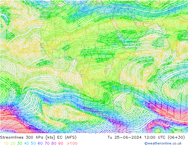 Linia prądu 300 hPa EC (AIFS) wto. 25.06.2024 12 UTC