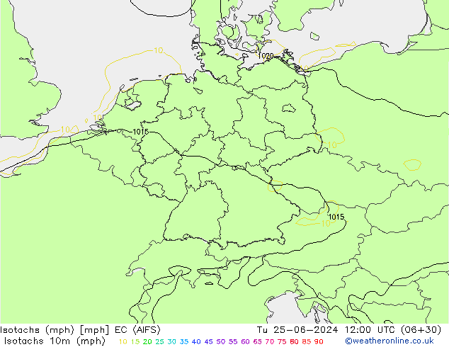 Isotachs (mph) EC (AIFS) Út 25.06.2024 12 UTC