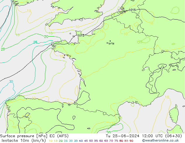 Isotachen (km/h) EC (AIFS) Di 25.06.2024 12 UTC