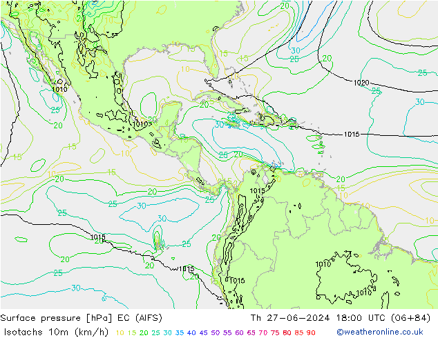 Isotachs (kph) EC (AIFS) Th 27.06.2024 18 UTC