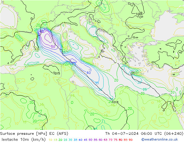 Isotachs (kph) EC (AIFS) Čt 04.07.2024 06 UTC