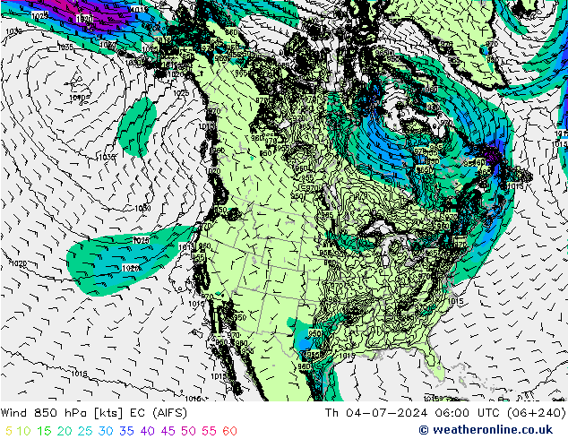 Wind 850 hPa EC (AIFS) Th 04.07.2024 06 UTC