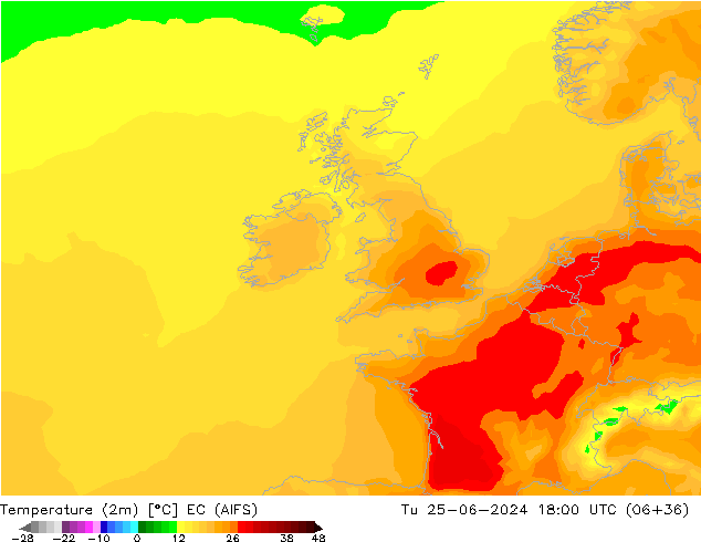 Temperature (2m) EC (AIFS) Tu 25.06.2024 18 UTC
