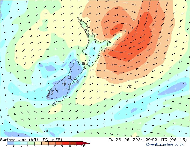 Vent 10 m (bft) EC (AIFS) mar 25.06.2024 00 UTC