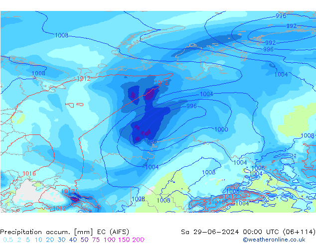 Precipitation accum. EC (AIFS) Sa 29.06.2024 00 UTC