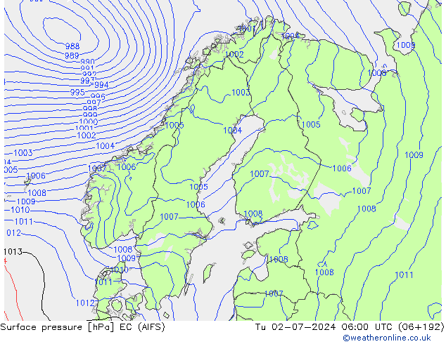 Surface pressure EC (AIFS) Tu 02.07.2024 06 UTC