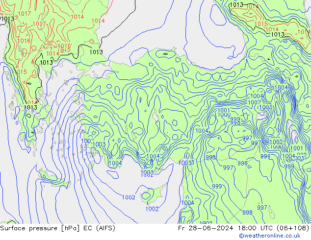 Atmosférický tlak EC (AIFS) Pá 28.06.2024 18 UTC