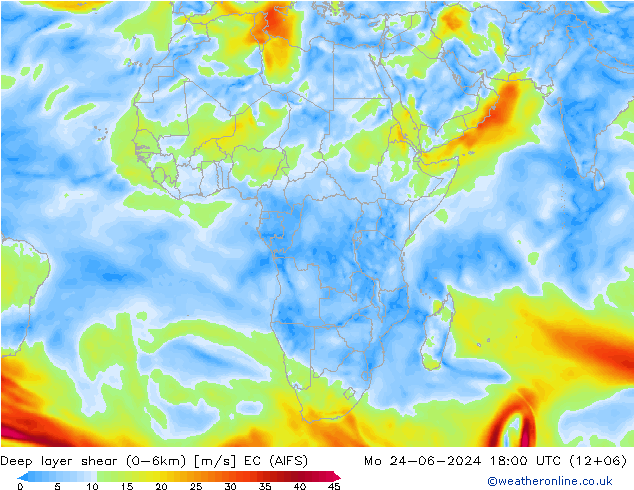 Deep layer shear (0-6km) EC (AIFS) Mo 24.06.2024 18 UTC