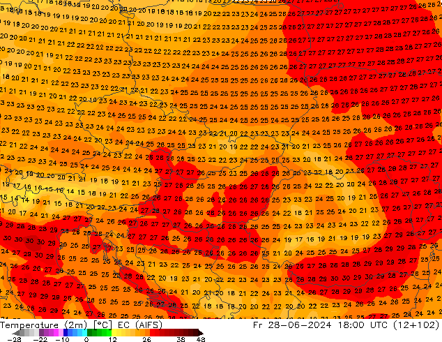 Temperatura (2m) EC (AIFS) ven 28.06.2024 18 UTC