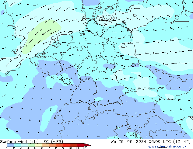 Surface wind (bft) EC (AIFS) We 26.06.2024 06 UTC