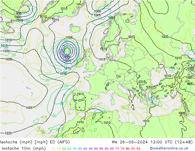 Isotachen (mph) EC (AIFS) Mi 26.06.2024 12 UTC