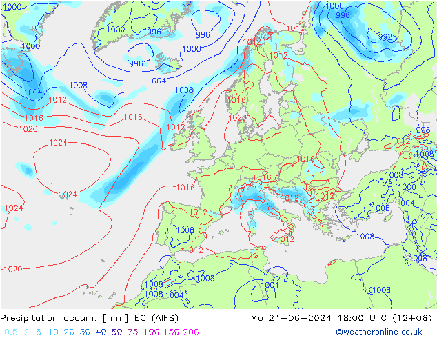 Precipitation accum. EC (AIFS) 星期一 24.06.2024 18 UTC