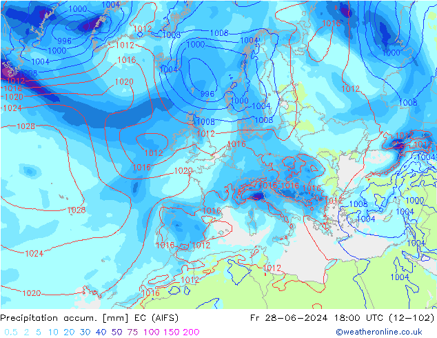 Precipitation accum. EC (AIFS) Fr 28.06.2024 18 UTC