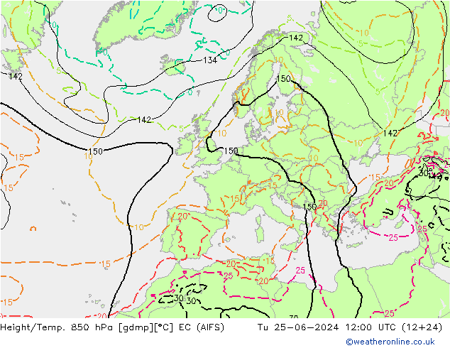 Géop./Temp. 850 hPa EC (AIFS) mar 25.06.2024 12 UTC