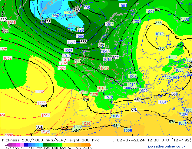 Schichtdicke 500-1000 hPa EC (AIFS) Di 02.07.2024 12 UTC