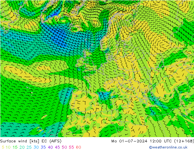 Vento 10 m EC (AIFS) lun 01.07.2024 12 UTC