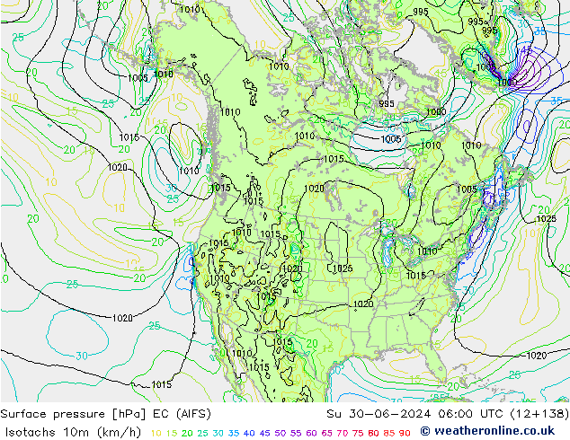 Isotachs (kph) EC (AIFS) Вс 30.06.2024 06 UTC