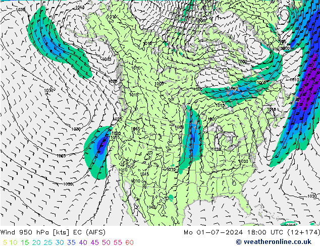 Wind 950 hPa EC (AIFS) Po 01.07.2024 18 UTC