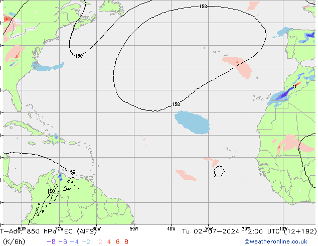 T-Adv. 850 гПа EC (AIFS) вт 02.07.2024 12 UTC