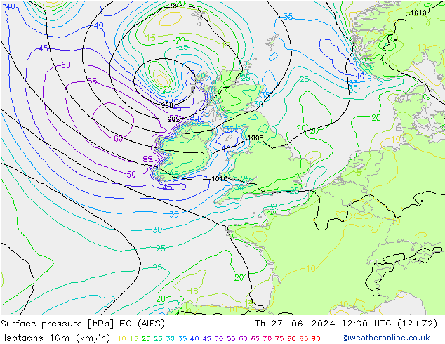 Isotachs (kph) EC (AIFS) Th 27.06.2024 12 UTC